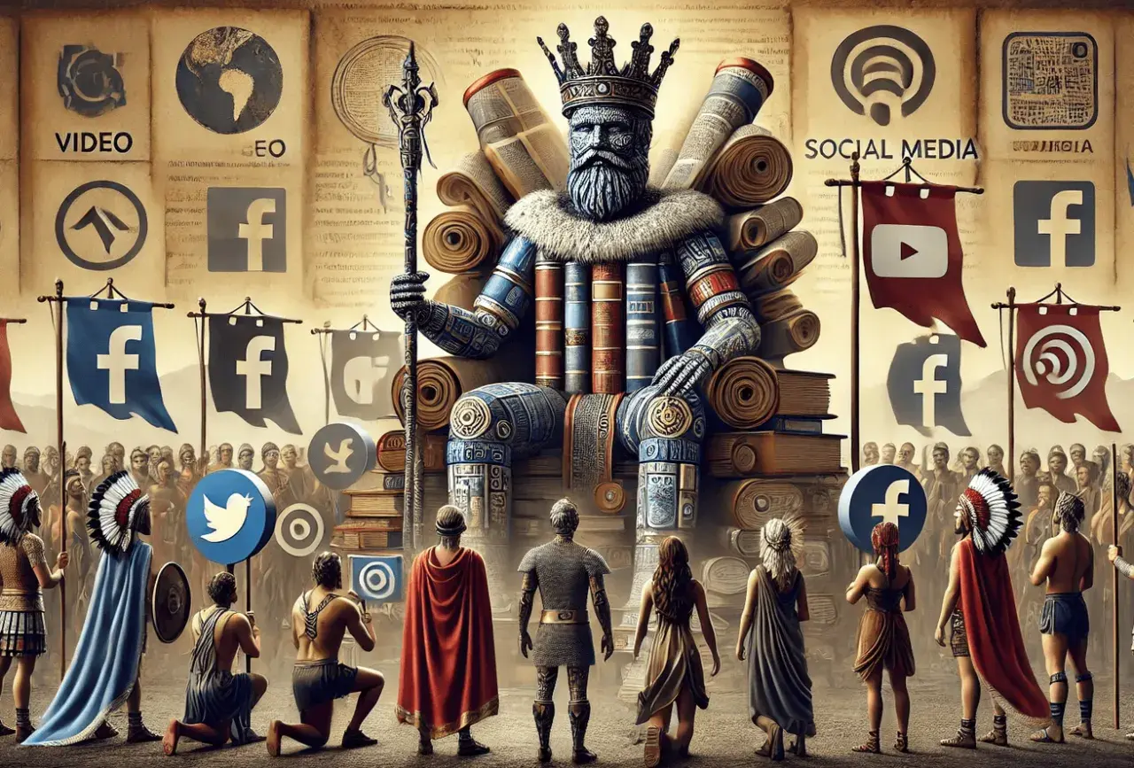Król wiedzy, z tronu z ksiąg, panuje nad ludem oddającym cześć symbolom mediów społecznościowych. content is the king.