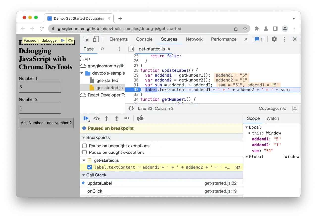 DevTools co to? Debugowanie JavaScript w Chrome DevTools, z kodem zatrzymanym na linii 32.