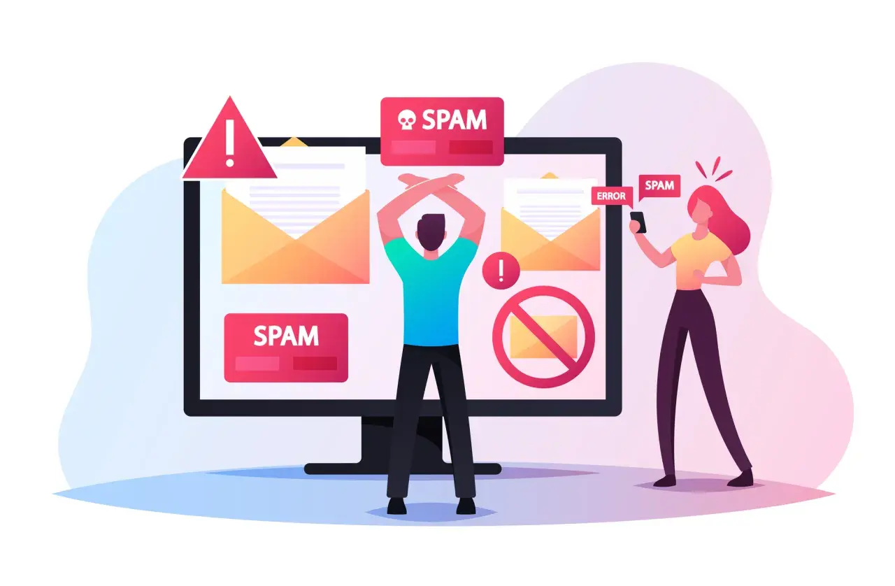 Osoba zrezygnowana przed monitorem z powiadomieniami SPAM. Kobieta z telefonem też widzi SPAM.