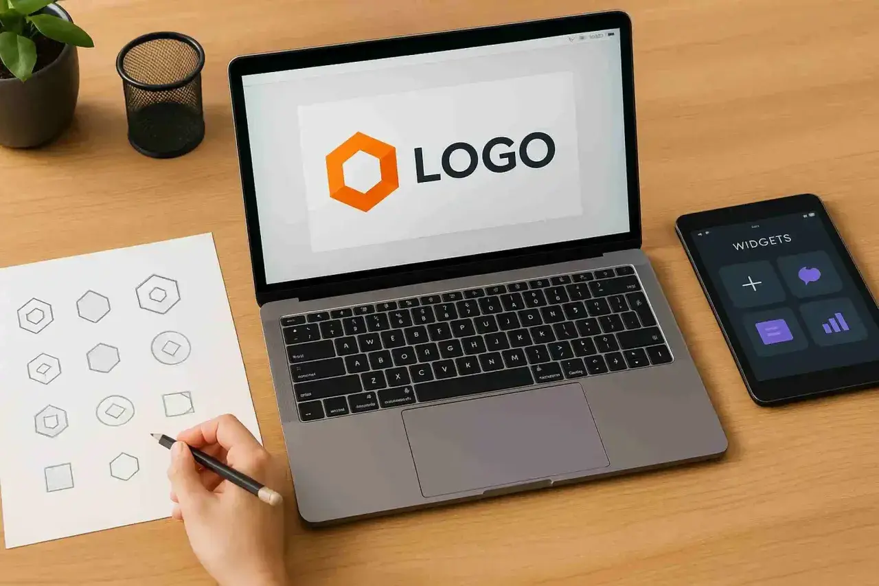 Projektowanie logo i wybór widżetów na tablet.