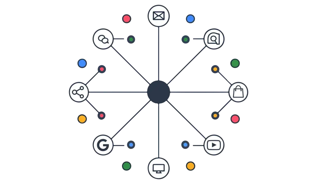 Schemat połączeń różnych kanałów marketingowych, ilustrujący analizę cross-network w GA4. Ikony: email, czat, wyszukiwarka, koszyk, YouTube, komputer, Google, udostępnianie.