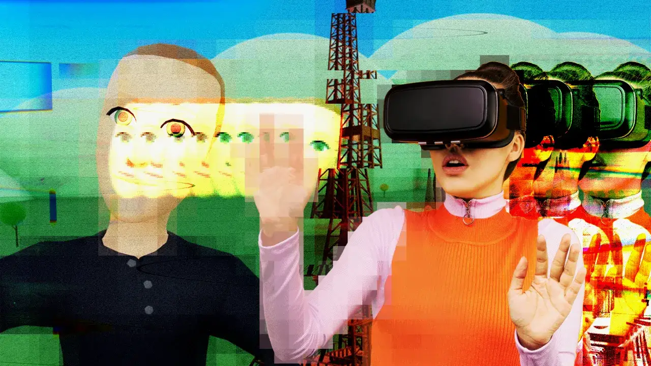 Kobieta w goglach VR wchodzi do metaświata. Obok niej cyfrowa postać, wieża i powielone awatary.