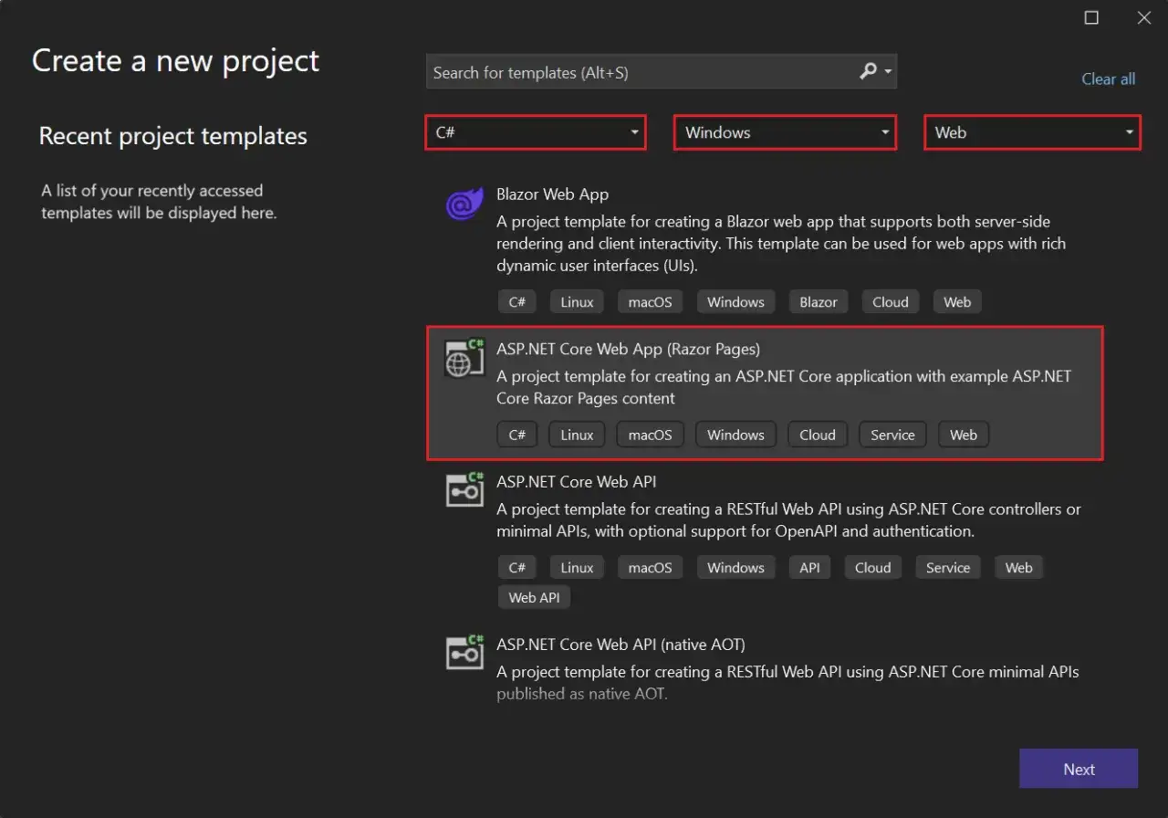 Tworzenie projektu ASP.NET Core Web App (Razor Pages) w C#. Ten poradnik pokazuje, jak zacząć.