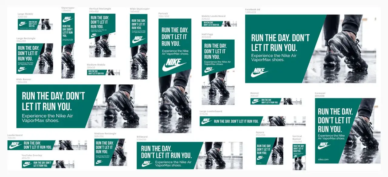 Różne rozmiary banerów Nike z hasłem 