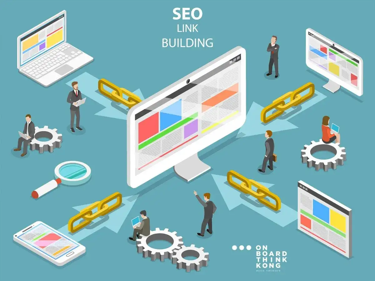 Ilustracja koncepcyjna SEO Link Building. Ludzie pracują przy komputerach, tworząc sieć połączeń, symbolizując wymianę link&oacute;w.