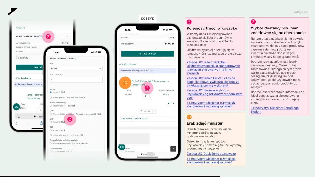 Audyt UX: Koszyk z opcjami dostawy i podsumowaniem zamówienia. Użytkownik widzi listę produktów, koszty i możliwość wyboru sposobu dostawy.