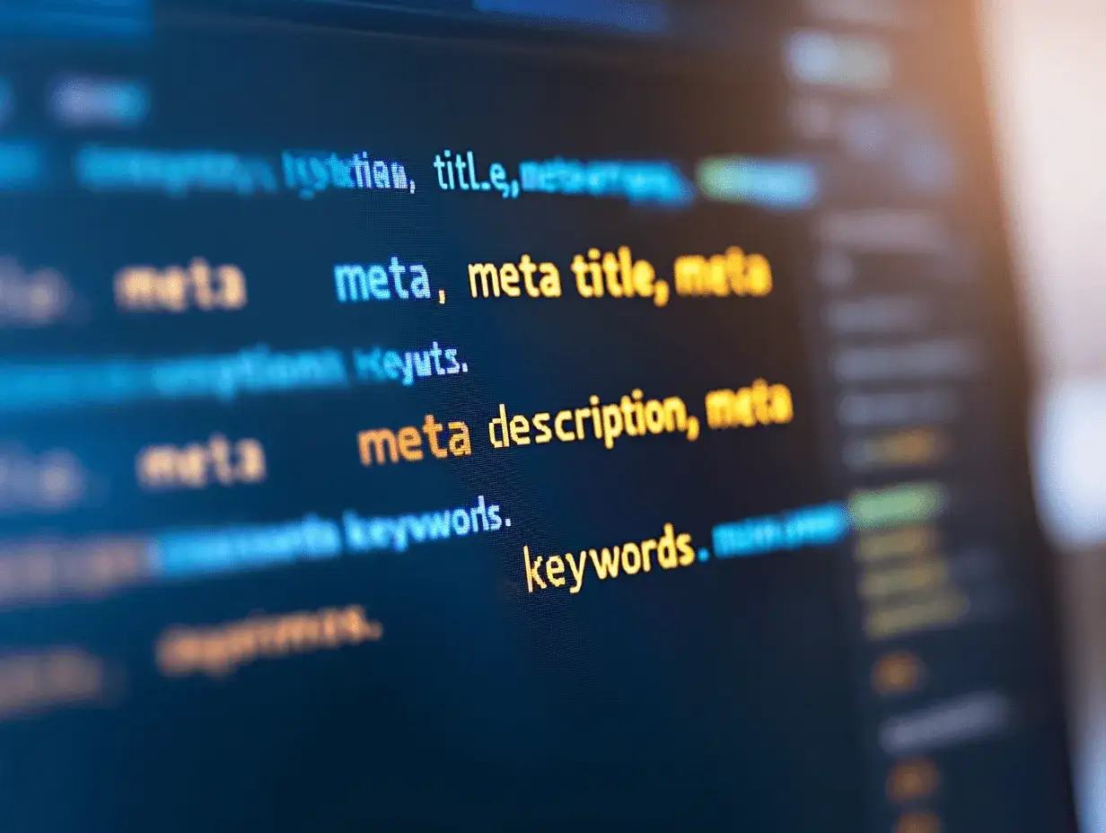 Kod źródłowy z widocznymi tagami meta: title, description i keywords. Optymalizacja SEO.