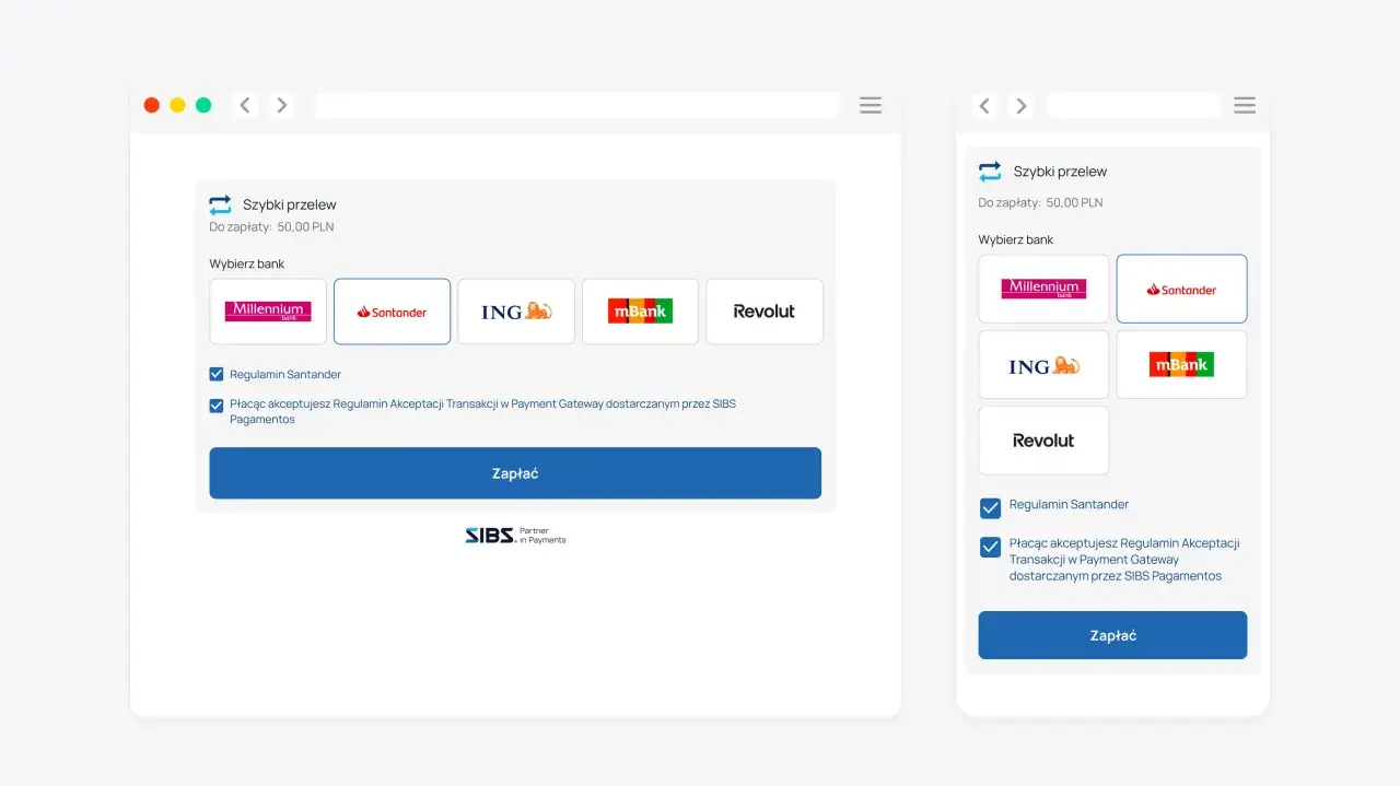 Interfejs płatności online: wybór banku (Millennium, Santander, ING, mBank, Revolut) do szybkiego przelewu 50 PLN, z akceptacją regulaminów. WCAG 2.2.