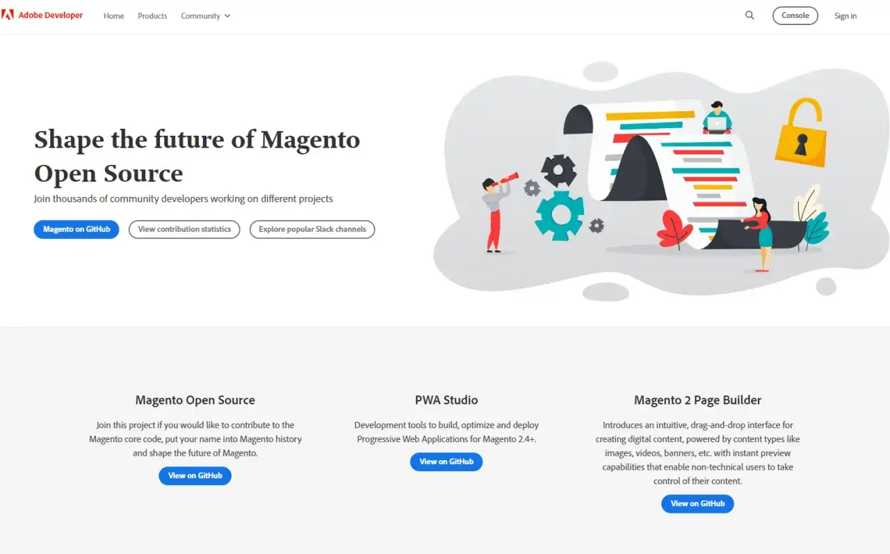 Ilustracja przedstawia społeczność programistów pracujących nad platformą Magento.