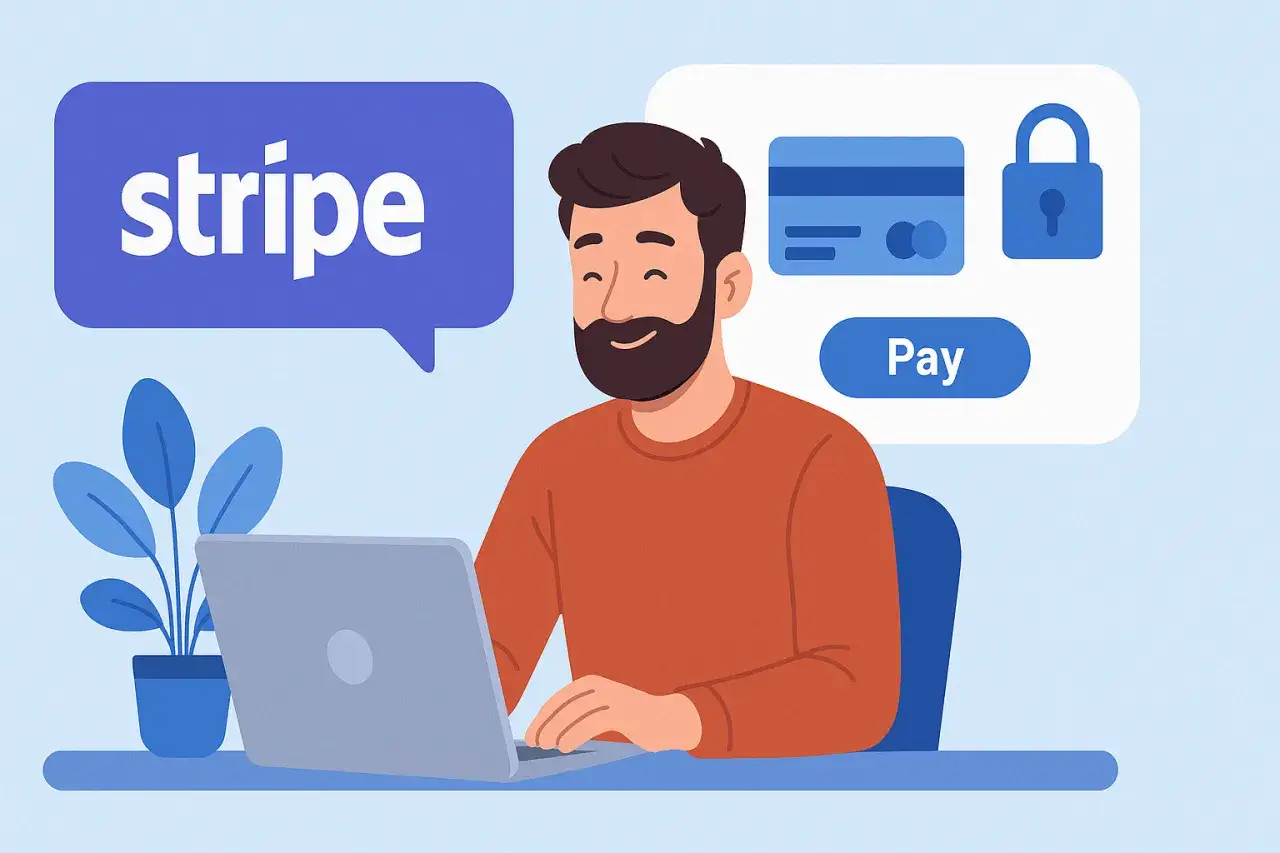 Mężczyzna z brodą pracuje przy laptopie, korzystając ze Stripe do płatności. To ułatwia prowadzenie bloga.