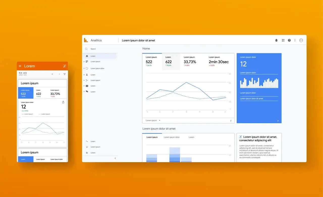 Widok panelu Google Analytics z danymi i wykresami, sugerujący konfigurację GA4.