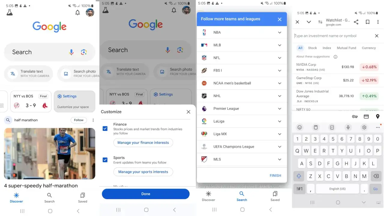 Ekran telefonu z aplikacją Google, pokazujący wyniki sportowe i opcje personalizacji w google feed.