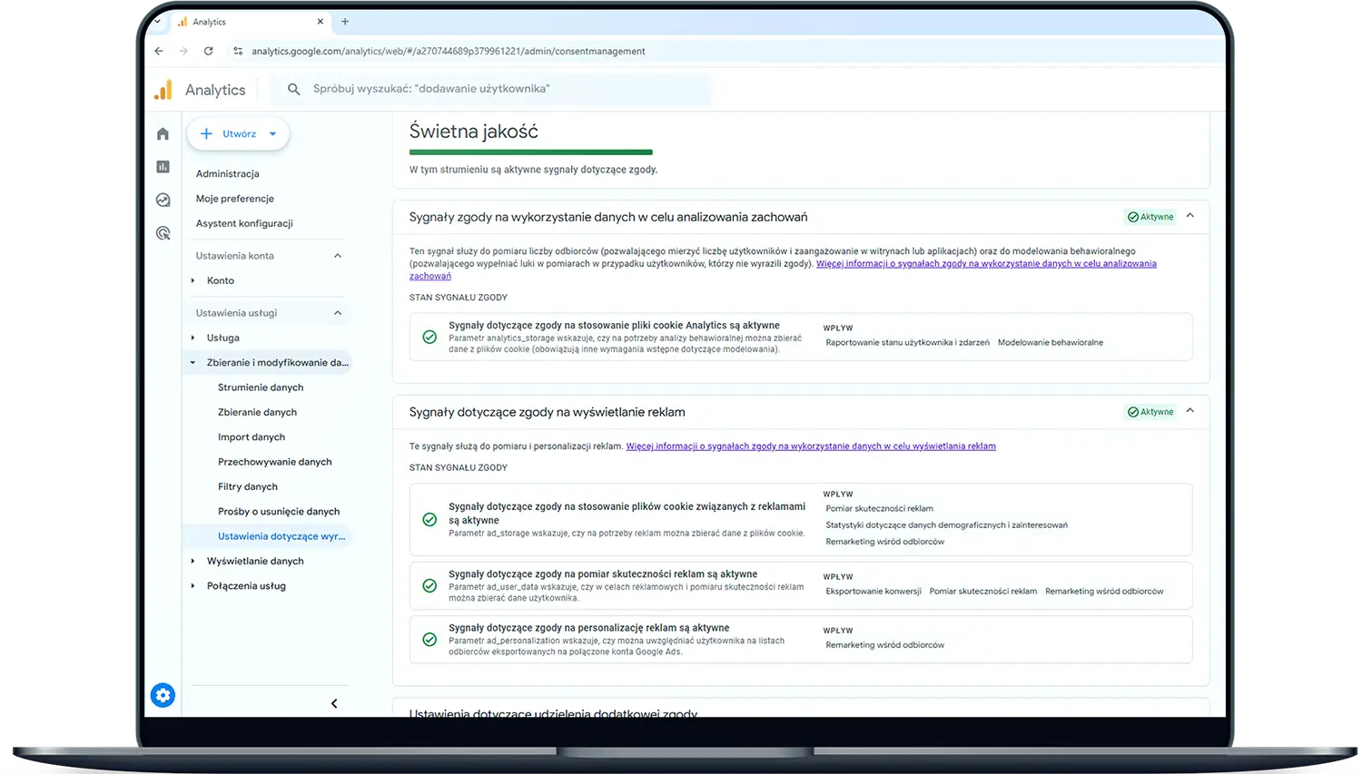 Ustawienia Google Analytics pokazują aktywne sygnały zgody, w tym consent mode v2, dla analizy danych i personalizacji reklam.