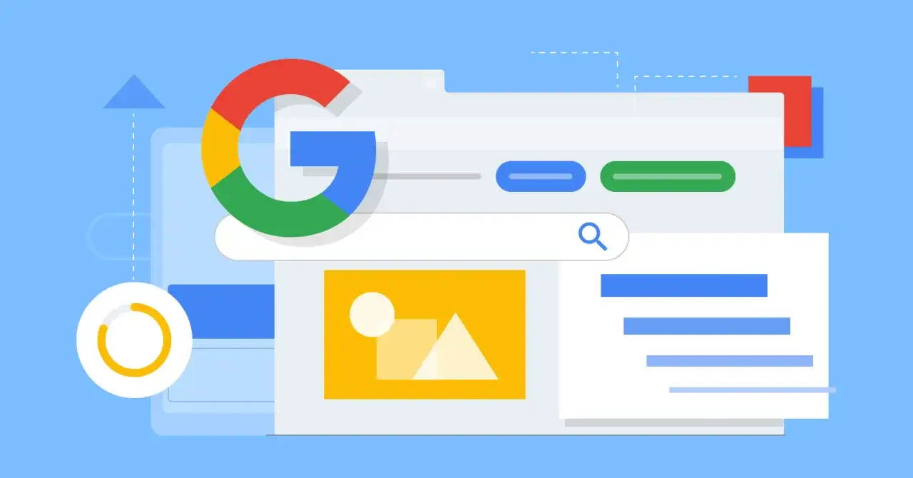 Grafika przedstawia interfejs wyszukiwarki Google z elementami graficznymi symbolizującymi analizę danych i budowanie trust rank.