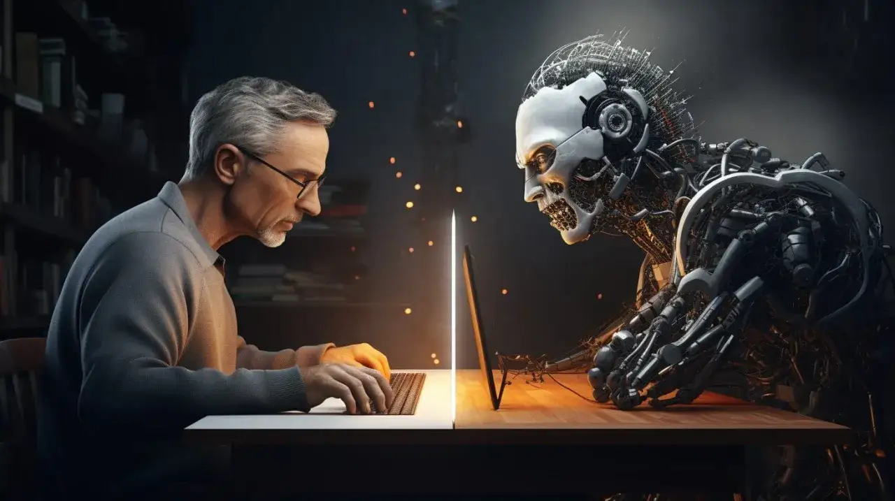 Mężczyzna przy laptopie, obok niego mechaniczna postać, symbolizująca przyszłość wyszukiwania, jak google sge.