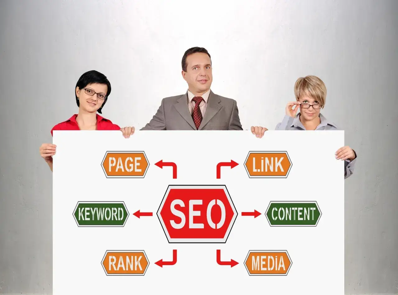 Zesp&oacute;ł prezentuje schemat SEO: Page, Keyword, Rank, Link, Content, Media. Zastanawiasz się, subdomena co to? To część Twojej strony.