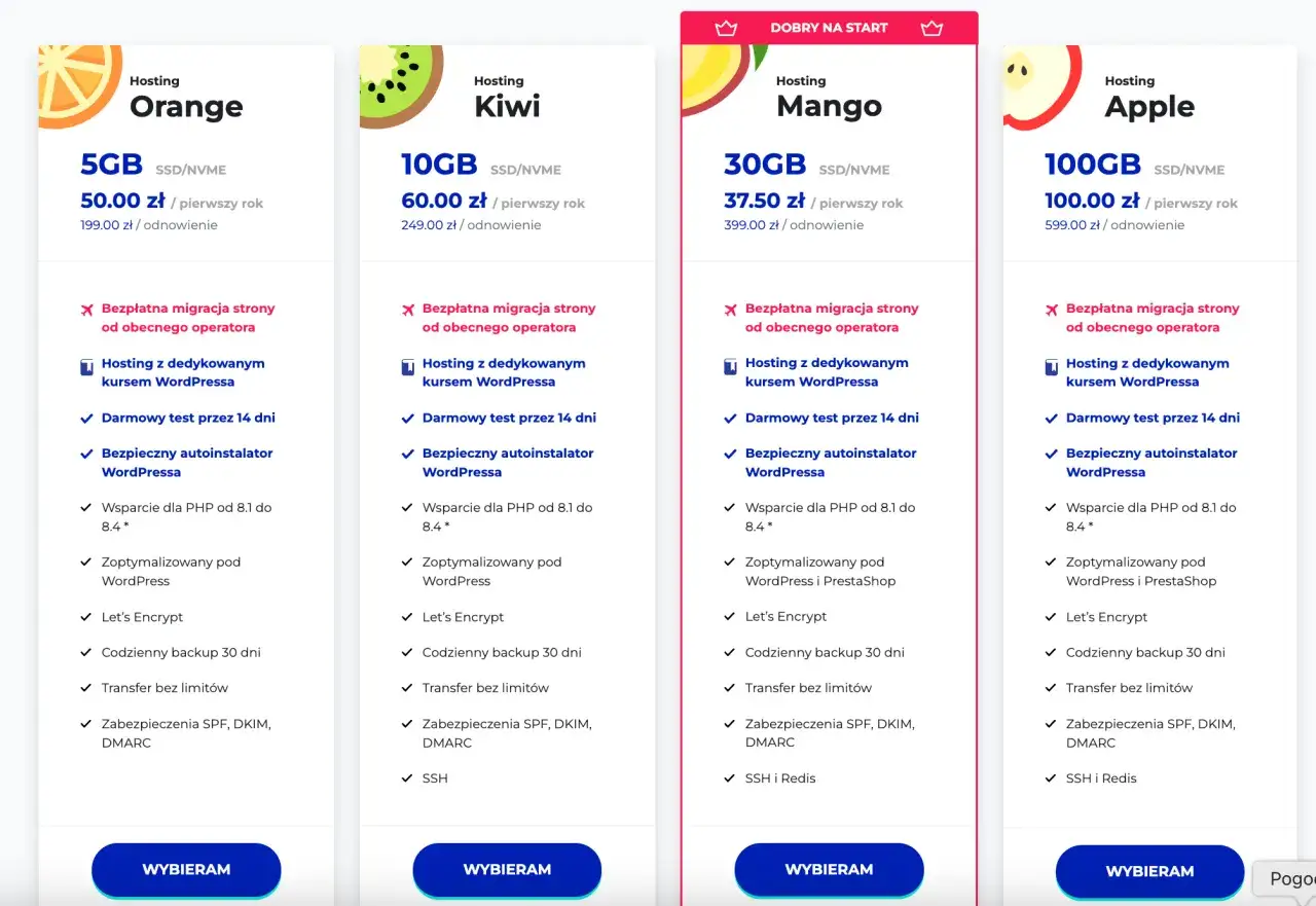 Porównanie ofert hostingu: Orange, Kiwi, Mango, Apple. Idealne do aktualizacji stron internetowych, z darmowym kursem WordPressa i migracją.