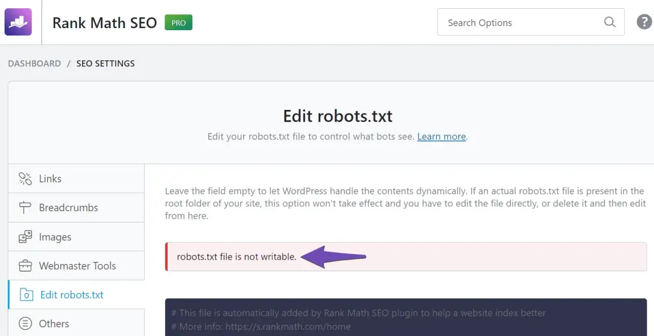 Błąd: robots.txt nie jest zapisywalny. Nie można kontrolować robotów, aby zapobiec indeksowaniu.