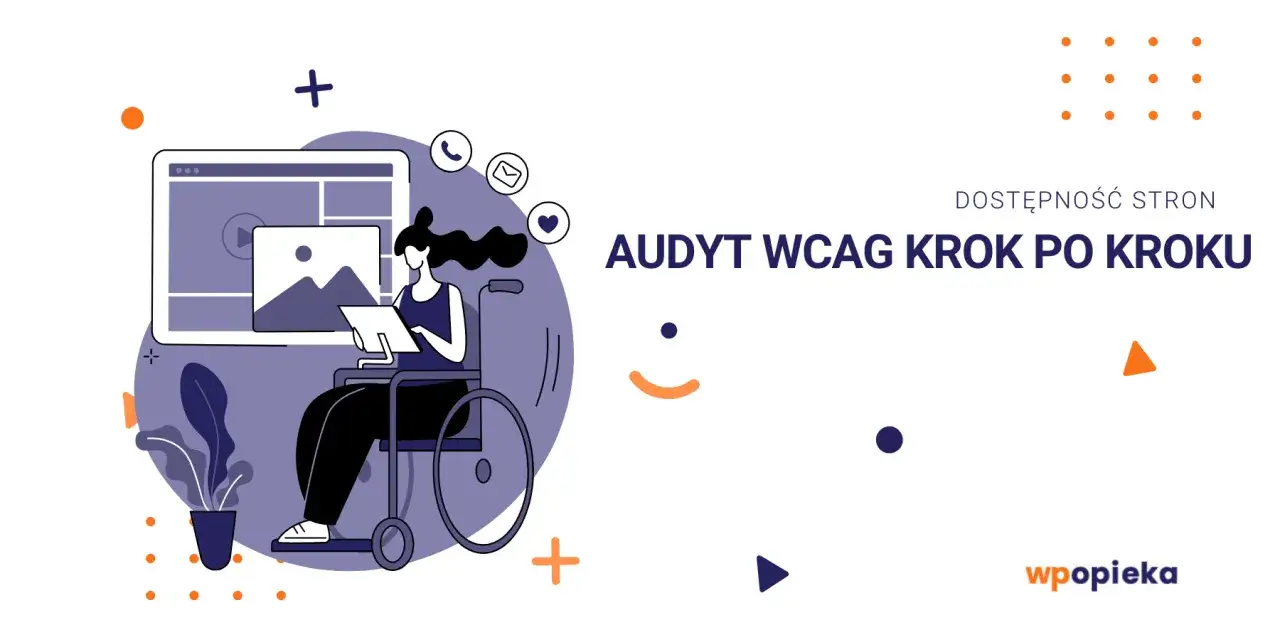 Kobieta na wózku inwalidzkim korzysta z komputera. Ilustracja promuje audyt WCAG, pokazując, że dostępność stron jest ważna dla każdego.