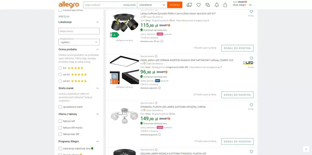 Filtry po lewej stronie strony Allegro, takie jak lokalizacja, ocena produktu i strefa marek, to przykłady nawigacji fasetowej.