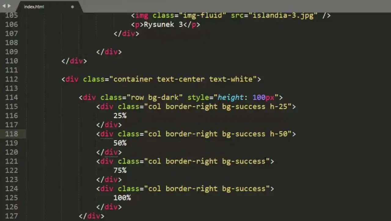 Kod HTML z klasami Bootstrap: `container`, `row`, `col`. Pokazuje, bootstrap co to jest - framework ułatwiający tworzenie responsywnych stron.