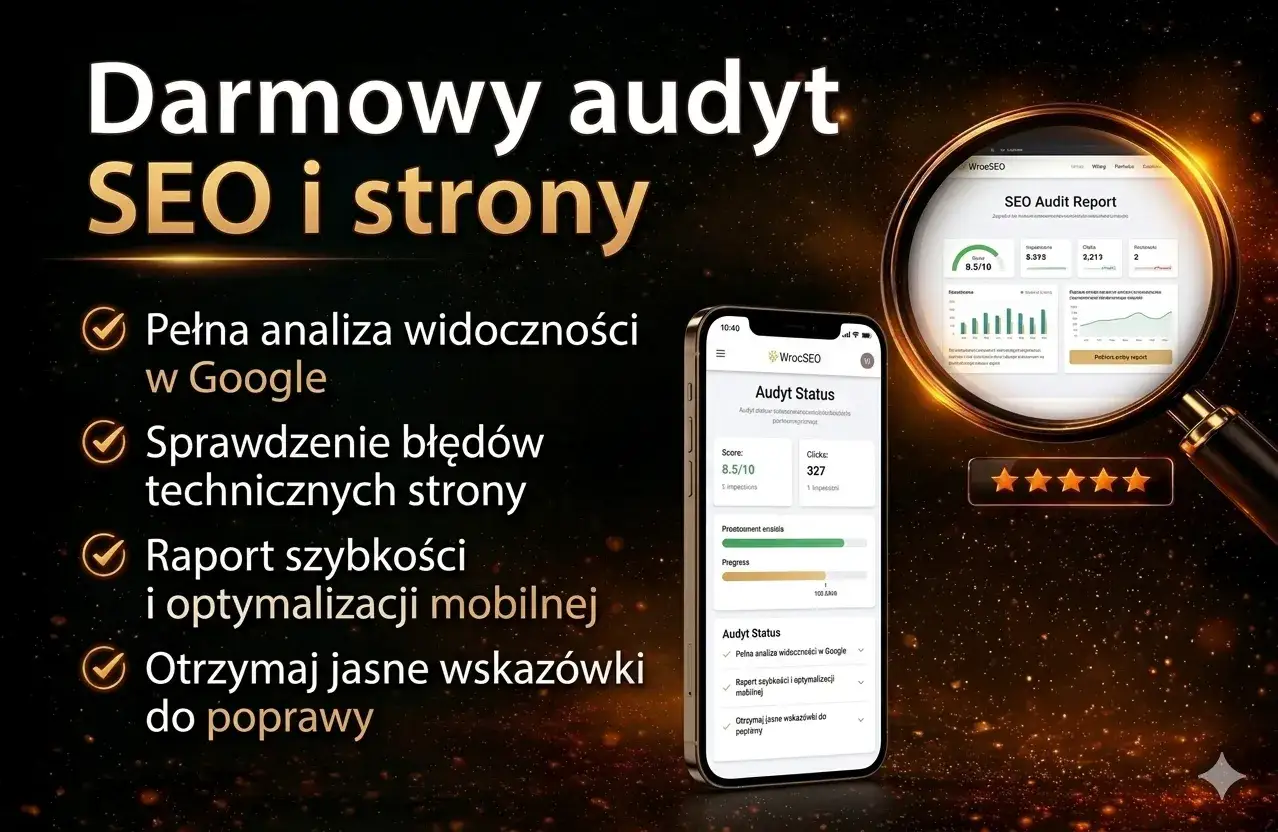 Darmowy audyt SEO i stron: analiza widoczności, błędów technicznych, szybkości i optymalizacji mobilnej. Jasne wskazówki do poprawy.
