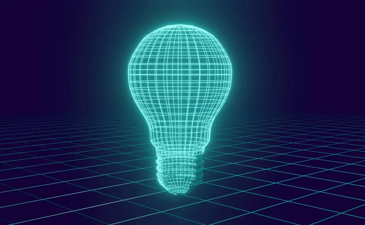 Siatka żarówki w technologii 3D, unosząca się nad siatką podłogi. Idealne do reklamy cyfrowej, symbolizujące innowację i pomysły.