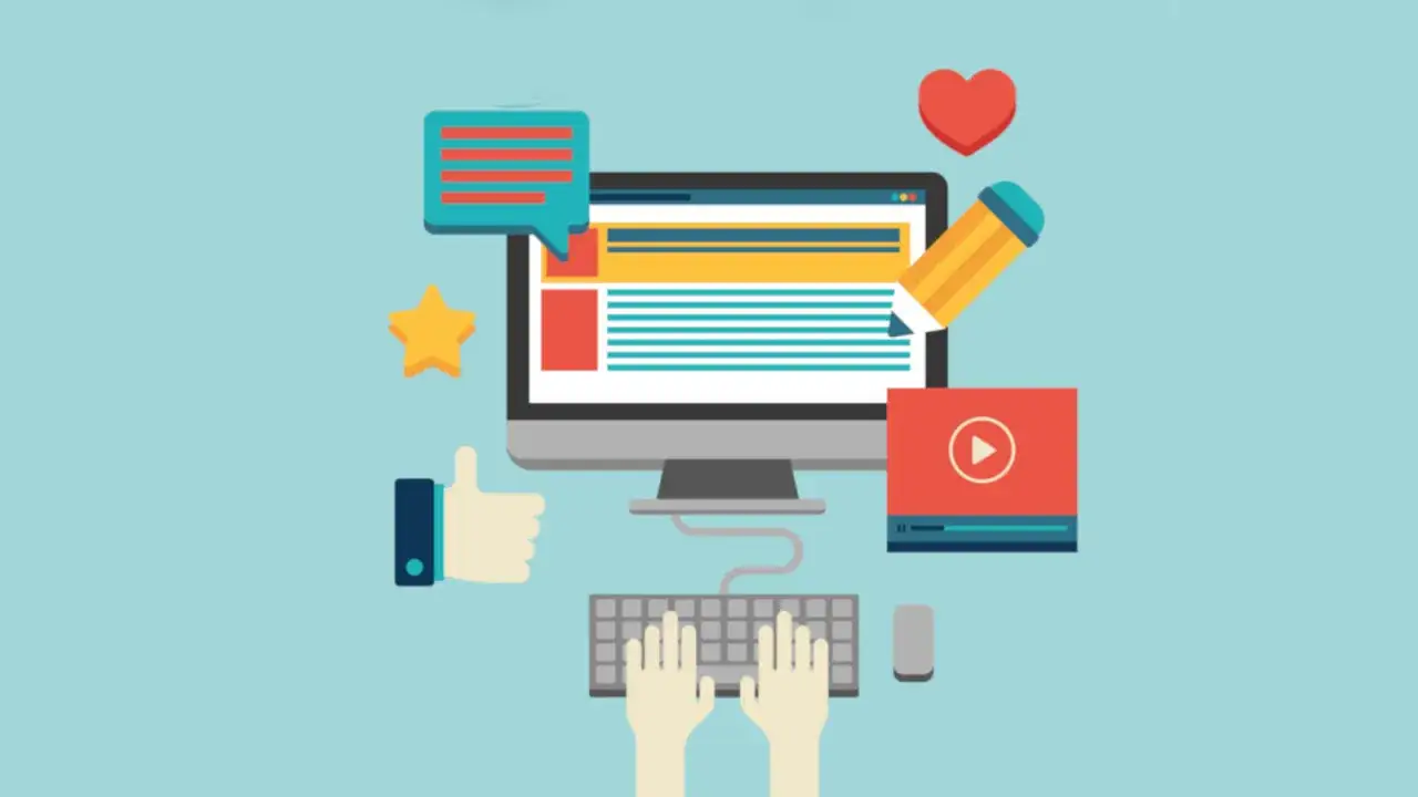 Grafika pokazuje komputer, klawiaturę i ikonki symbolizujące interakcje online. To wizualizacja tego, jak stać się bardziej widocznym w internecie.