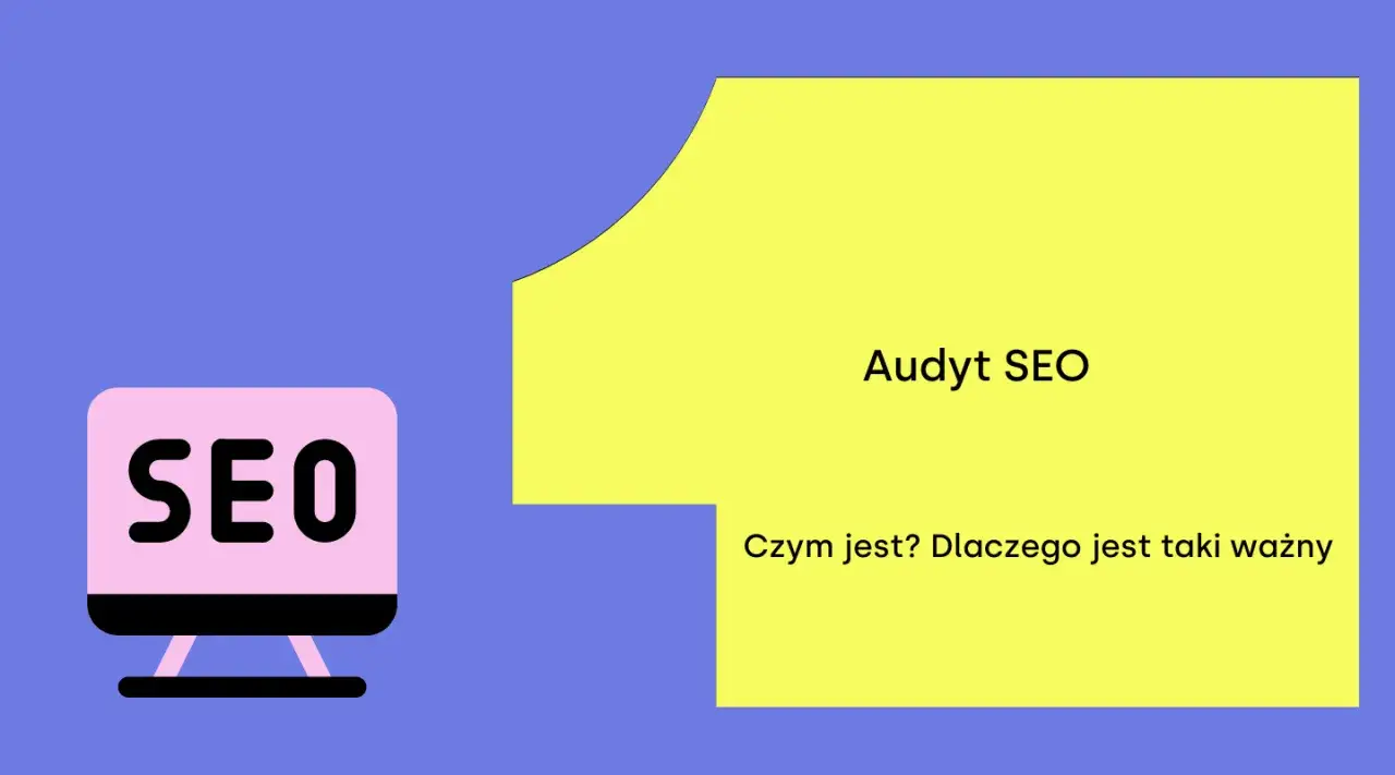 Grafika przedstawia monitor z napisem SEO i żółty prostokąt z tekstem 