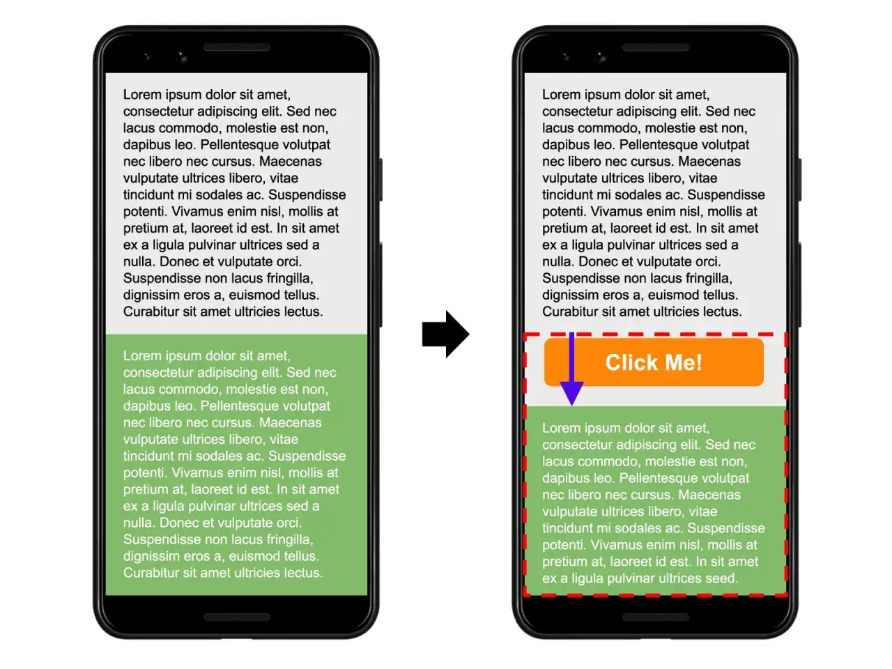 Dwa ekrany telefonu: pierwszy z tekstem, drugi z przyciskiem 