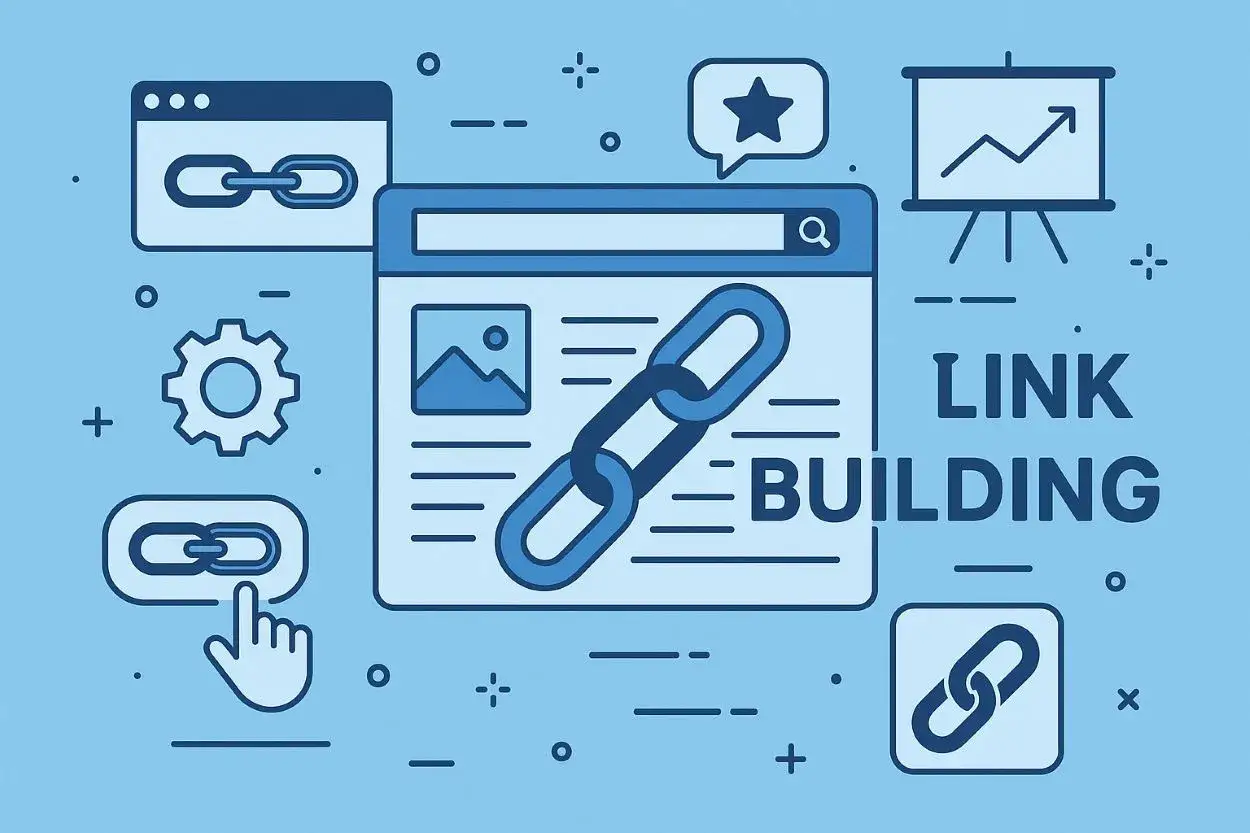 Grafika ilustruje proces linkowania stron, czyli budowania sieci powiązań między nimi. Widoczne są ikony symbolizujące strony internetowe, linki, wyszukiwanie i analizę danych.