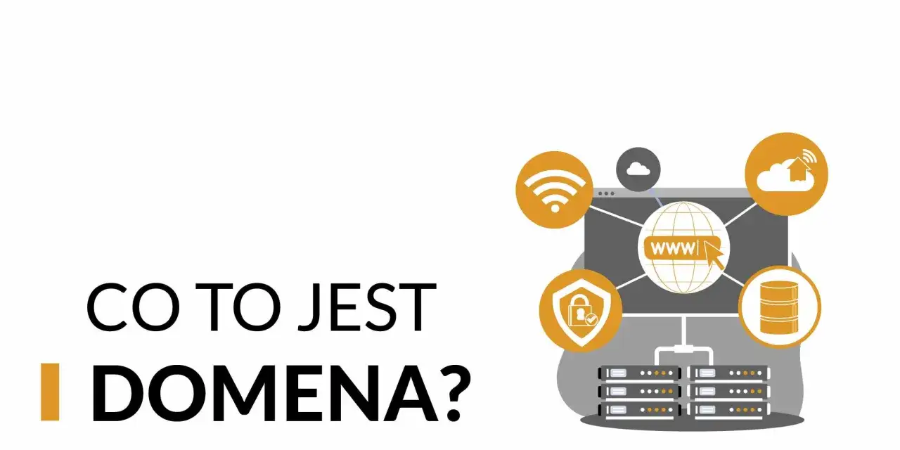 Grafika przedstawia serwery, chmurę, symbol Wi-Fi i tarczę z kłódką, ilustrując zagadnienie, jaką domenę wybrać.