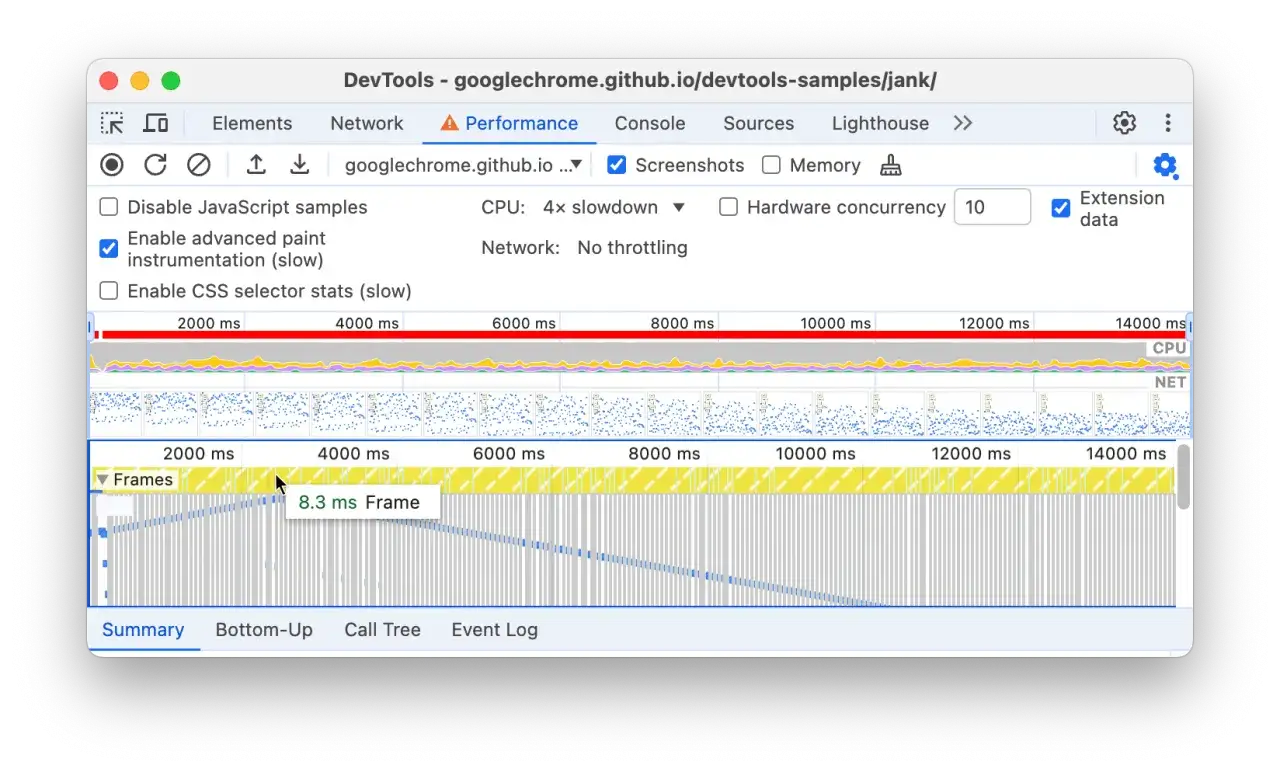 Wykres wydajności przeglądarki Chrome pokazuje 8.3 ms op&oacute;źnienia w klatce, co może wpływać na płynność animacji.