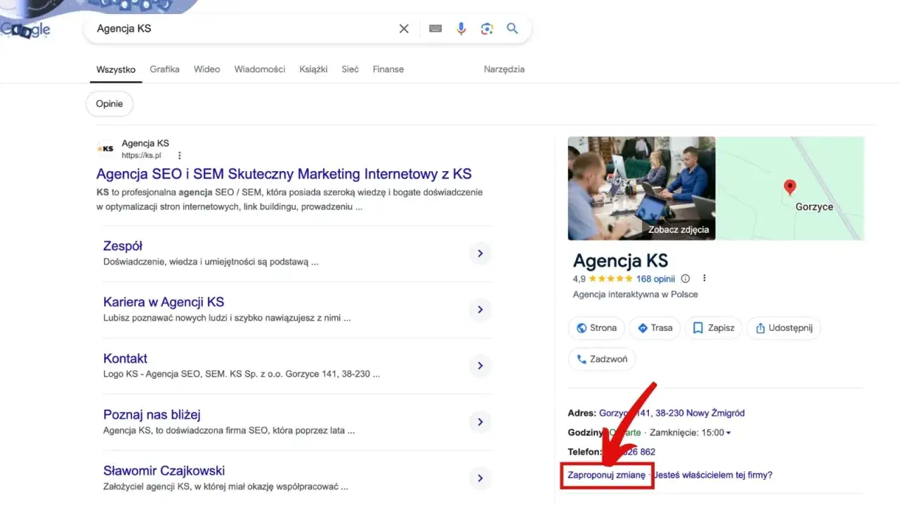 Szukasz informacji, jak usunąć firmę z Google? Na zrzucie ekranu widać wyniki wyszukiwania dla