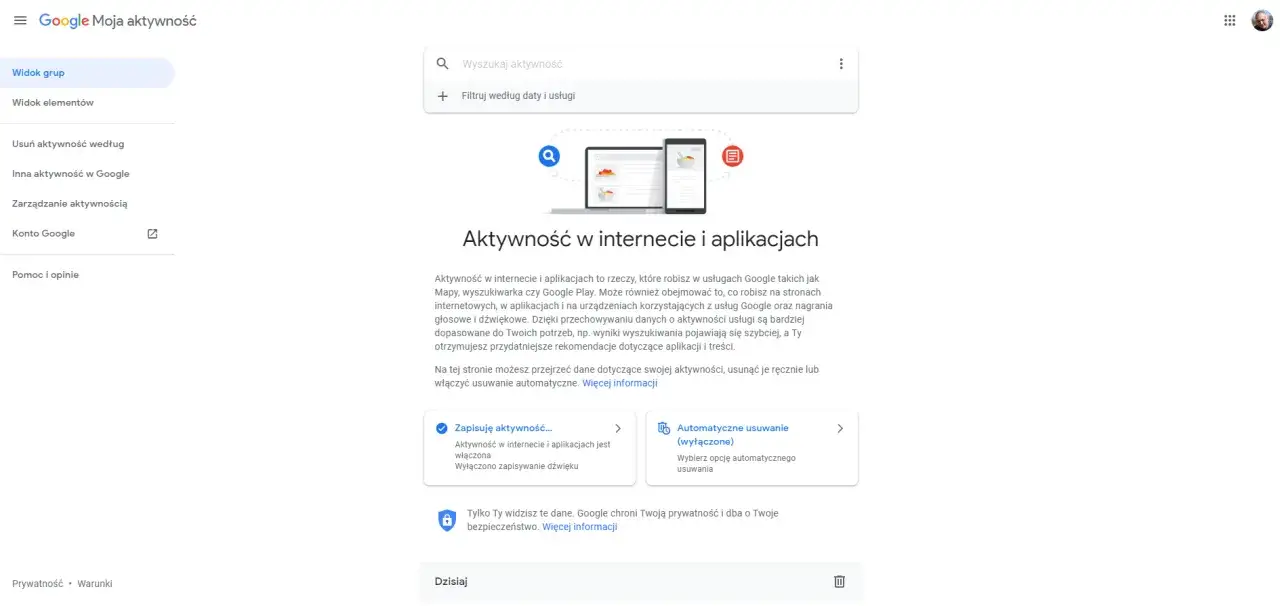 Strona Google Moja aktywność. Dowiedz się, jak sprawdzić historię wyszukiwania i zarządzać danymi.