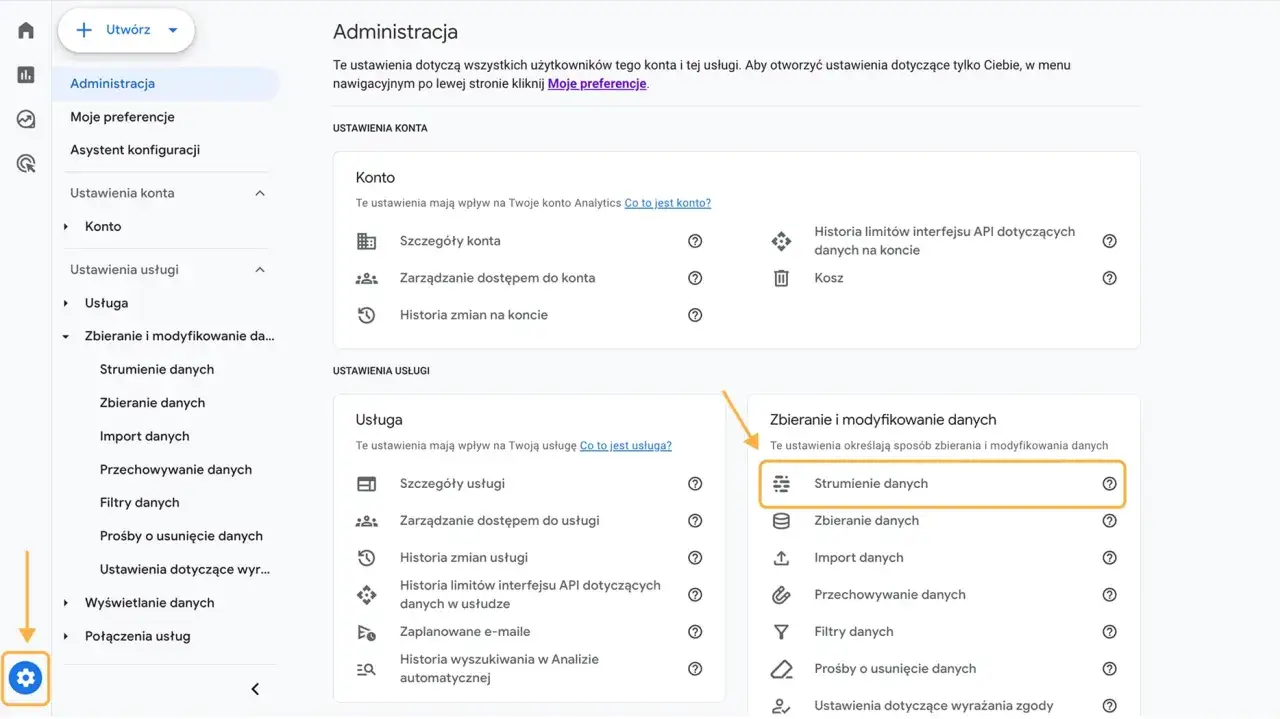 Panel administracyjny Google Analytics. Widoczna konfiguracja GA4, sekcja 