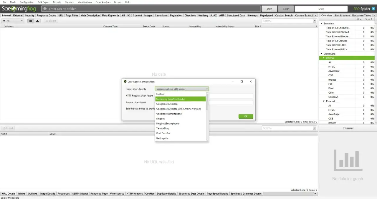 Konfiguracja User-Agent w Screaming Frog. Wybór między Googlebotem a innymi botami.