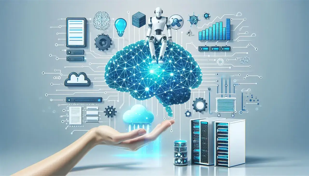 Robot na m&oacute;zgu z sieci neuronowej, serwery, chmura i wykresy. To wizualizacja, jak big data co to jest i jak działa.