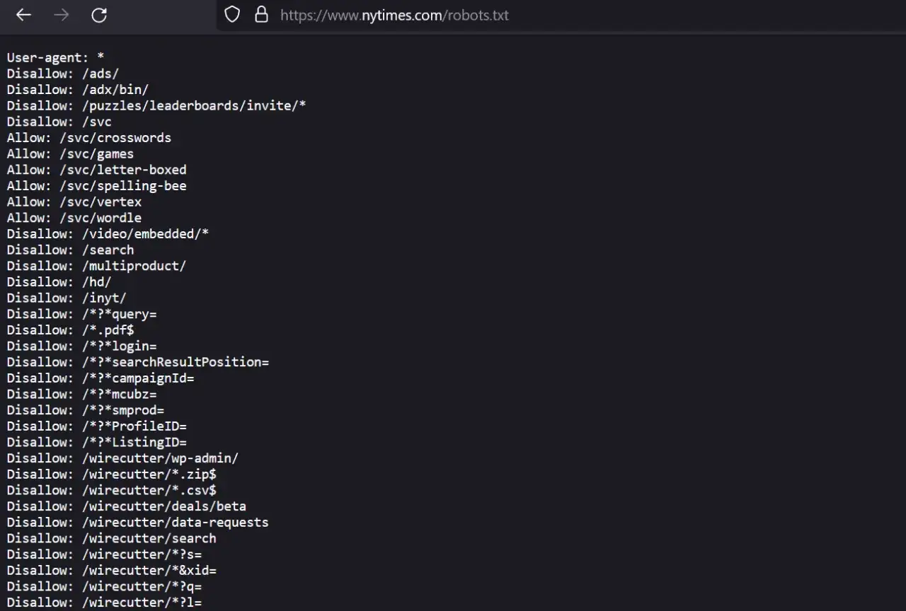 Plik robots.txt dla nytimes.com, określający, które części strony są niedostępne dla robotów wyszukiwarek.
