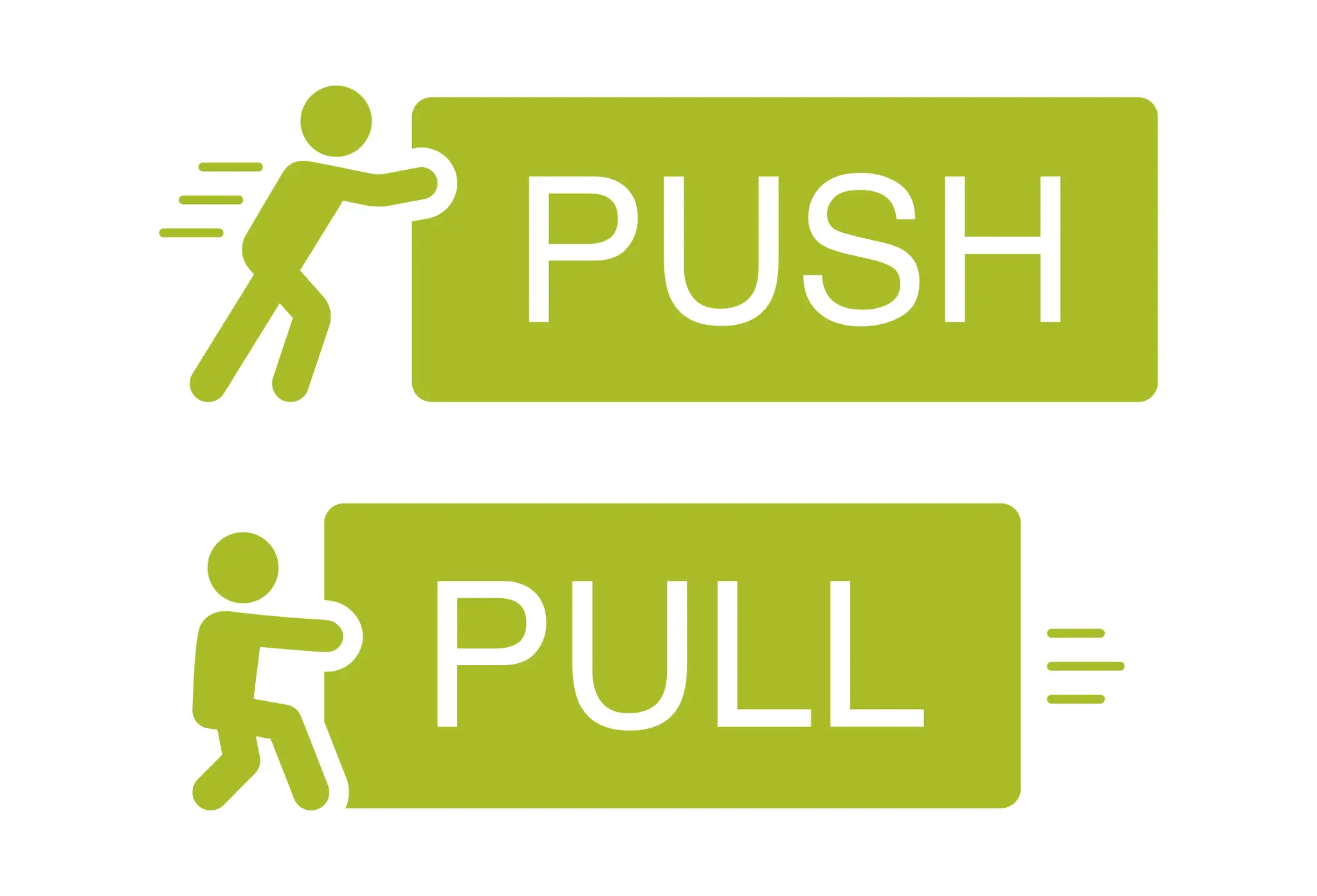 Dwie zielone tabliczki z napisami PUSH i PULL. Obok PUSH sylwetka popychająca, obok PULL ciągnąca. Ilustracja strategii push i pull.