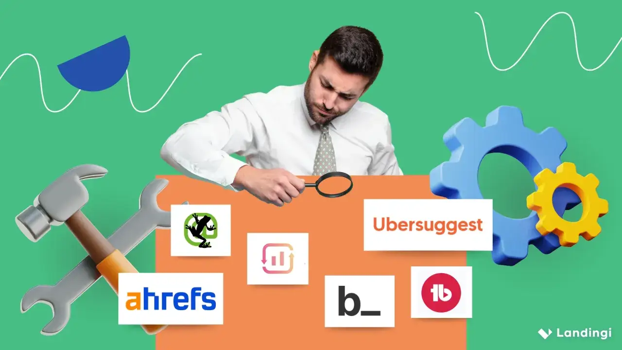 Chwytliwy tytuł: Narzędzia SEO pod lupą. Mężczyzna analizuje logotypy Ahrefs, Ubersuggest i innych.