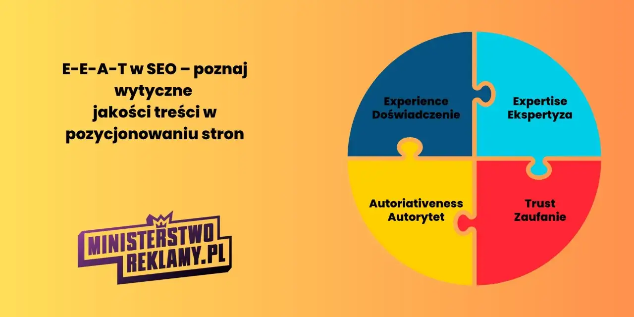 E-E-A-T w SEO: doświadczenie, ekspertyza, autorytet i zaufanie budują topical authority. Logo 