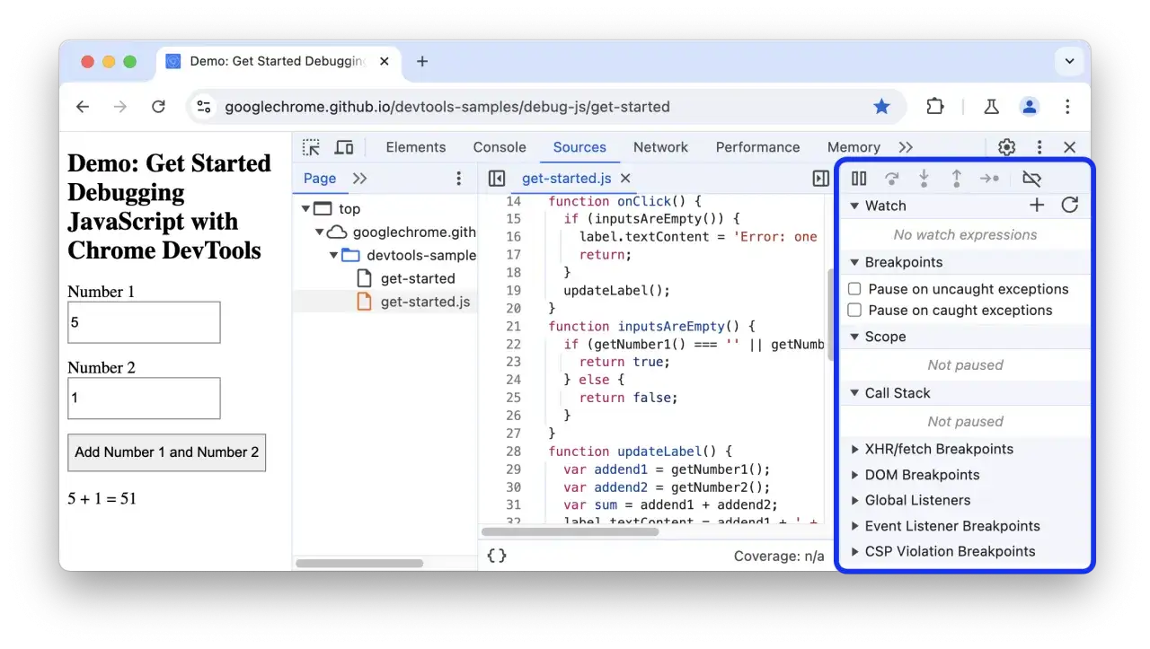 Chrome DevTools to narzędzie do debugowania JavaScript. Widzimy tu kod, pola do wprowadzania liczb i panel z opcjami debugowania.