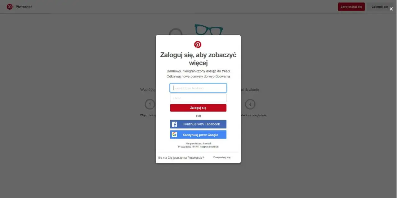 Popup co to? Okno logowania do Pinteresta z polami na e-mail i hasło, opcjami logowania przez Facebooka i Google.