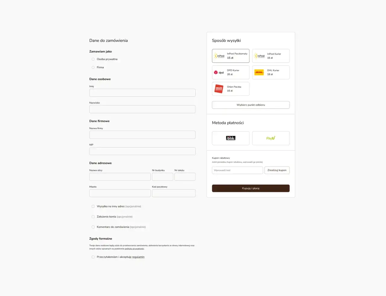 Formularz zamówienia z polami do uzupełnienia danych osobowych, adresowych i wyboru sposobu wysyłki. Dobry ux writing ułatwia wypełnianie.