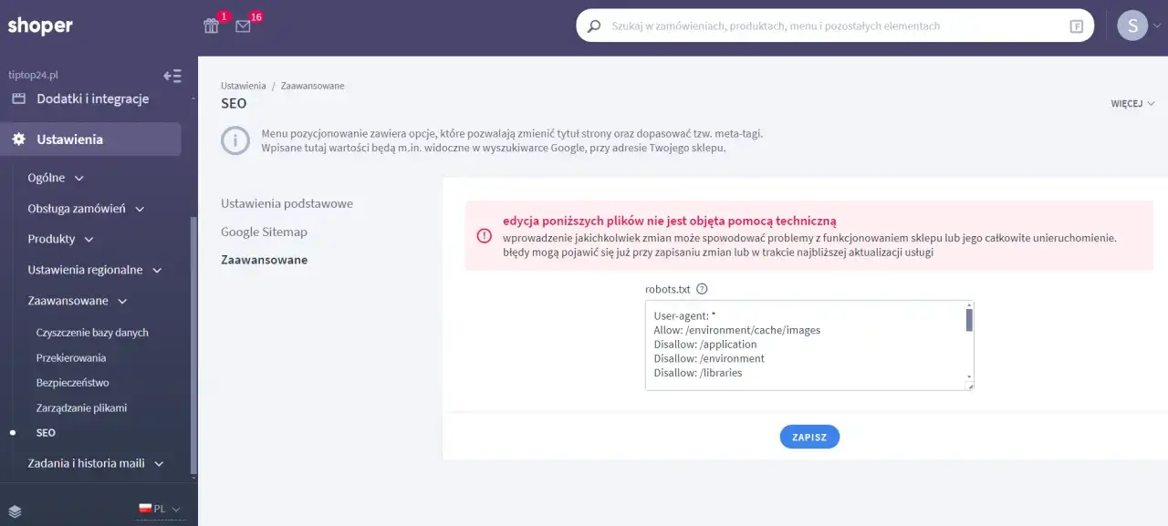 Panel administracyjny sklepu, sekcja Ustawienia > SEO. Możliwość edycji pliku robots.txt dla lepszego shoper seo.