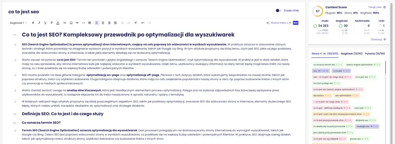 Artykuł wyjaśnia, co to jest SEO i jak działa. Zawiera analizę słów kluczowych i podpowiedzi dotyczące optymalizacji strony.