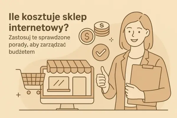 Ile kosztuje sklep internetowy? Grafika pokazuje koszyk, komputer z witryną sklepu, monety i kobietę z dokumentami, sugerując zarządzanie budżetem.