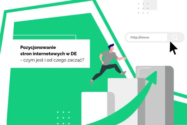 Grafika ilustruje pozycjonowanie stron internetowych w Niemczech. Mężczyzna skacze po schodkach, symbolizując rozwój i osiąganie celów.