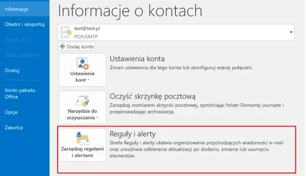 Zarządzaj regułami i alertami, aby organizować wiadomości e-mail. Ustawienia te pomagają w automatycznym przetwarzaniu poczty, np. jako autoresponder.